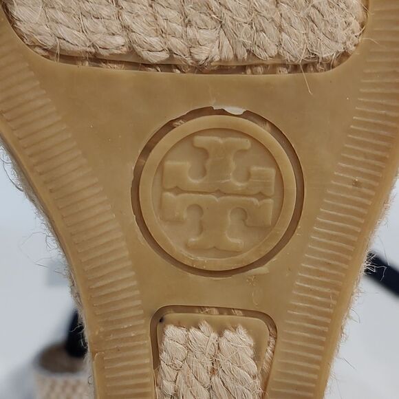 Tory Burch Geo Print Platform Wedge Espadrilles Navy White Boho Sandals - Picture 10 of 11